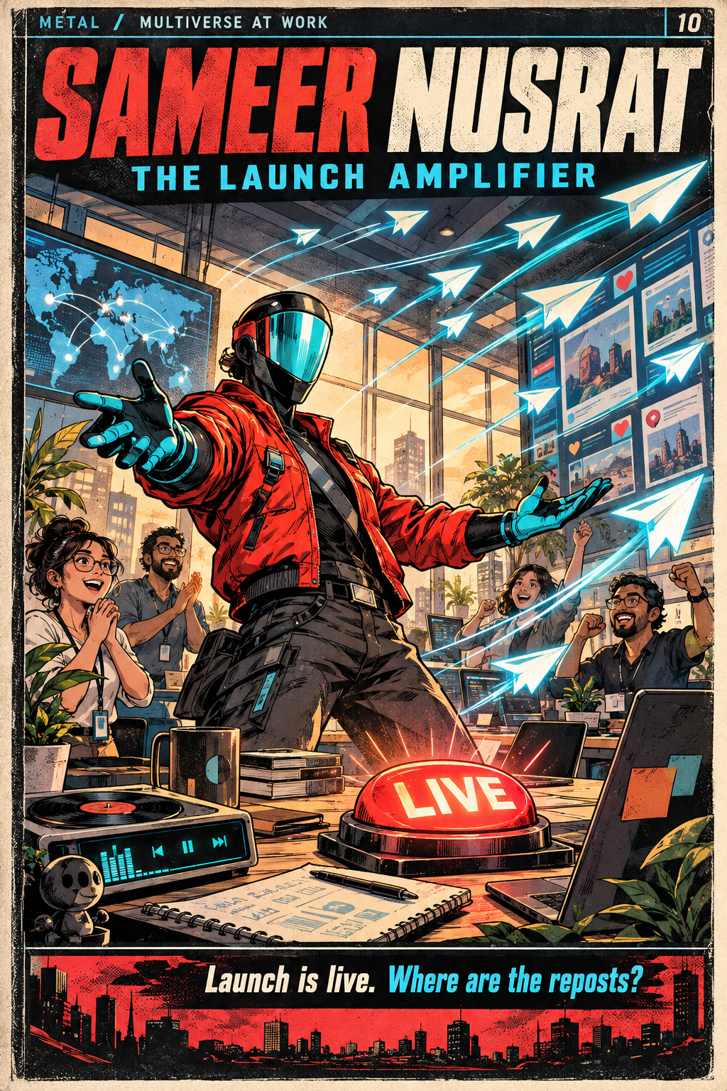 Sameer Nusrat — THE LAUNCH AMPLIFIER original workplace superhero comic cover